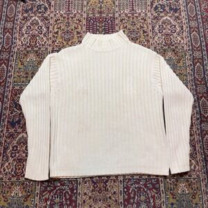VTG 80s 90s GAP Ivory Cream Ribbed Cable Knit Cotton‎ Mock Neck Sweater L heavy